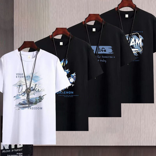 [XUMAO] 1+1+1+1 남성 여름 트렌디 프린트 4팩 라운드넥 오버핏 반팔 티셔츠