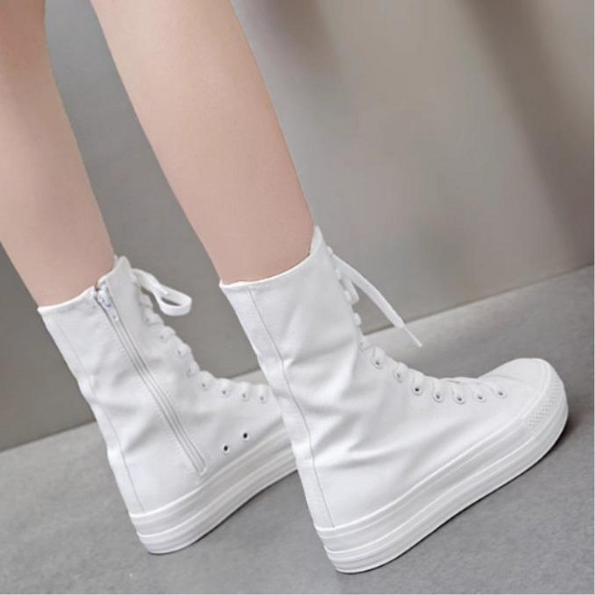 여성 하이탑 6cm 키높이캔버스화 통기성 부츠 블랙 화이트