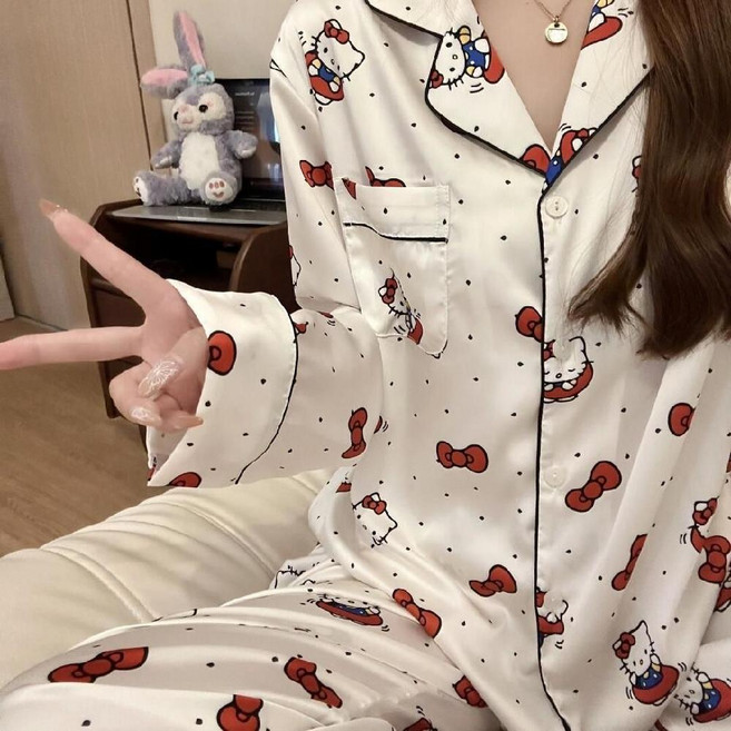 티류으스 리본 키티 캐릭터 파자마 학생 고급감 세트 봄 가을 긴팔 긴바지 홈웨어 외출 가능 lyj