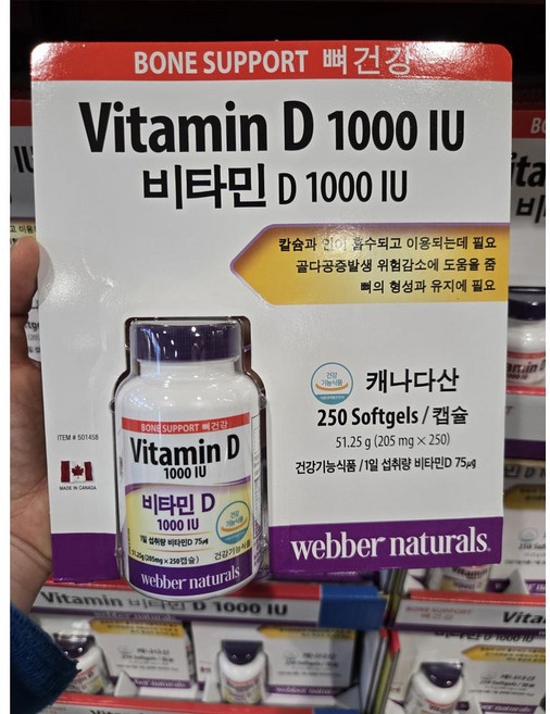 [국내 코스트코] Webber Naturals 웨버 내추럴스 비타민 D 1000 IU 205mgx250캡슐 51.25g, 1개