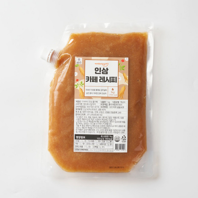 이제부터 맛있게 인삼 카페 레시피 수제 냉동 인삼청 과일청 대용량 파우치 시럽 음료 베이스, 4개, 1개입, 1kg