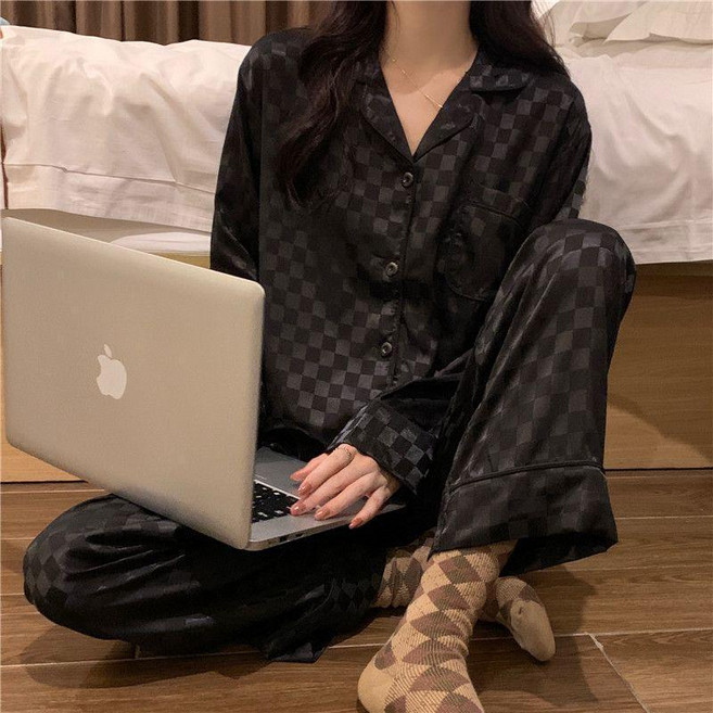 法式冰絲睡衣女 長袖薄款絲綢家居服套裝 舒適透氣