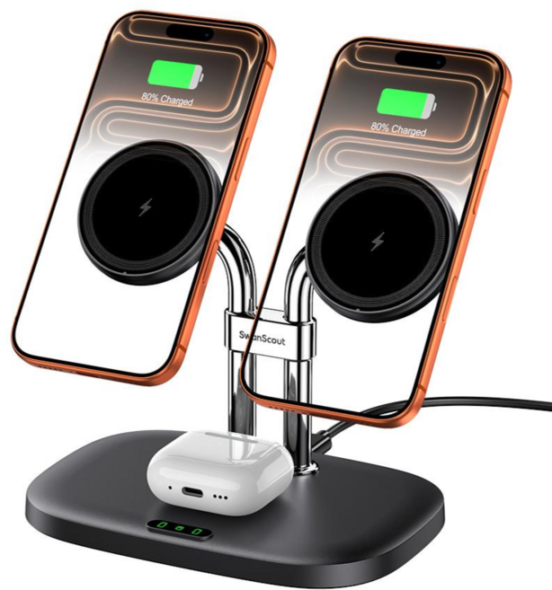 SwanScout 706M 아이폰 2대 동시충전 자석형 3in1 무선충전기 듀얼 스마트폰+에어팟 충전 호환, 1개, 블랙