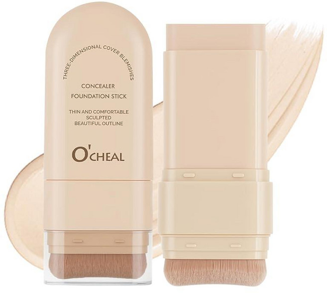 O'CHEAL 컨실러 파운데이션 스틱 2 in 1 롱래스팅 스틱 컨실러 브러시 포함 다크 서클 및 잡티를 위한 풀 커버리지 페이스 컨투어 08#옐로우 컴플렉션, 02#내추럴