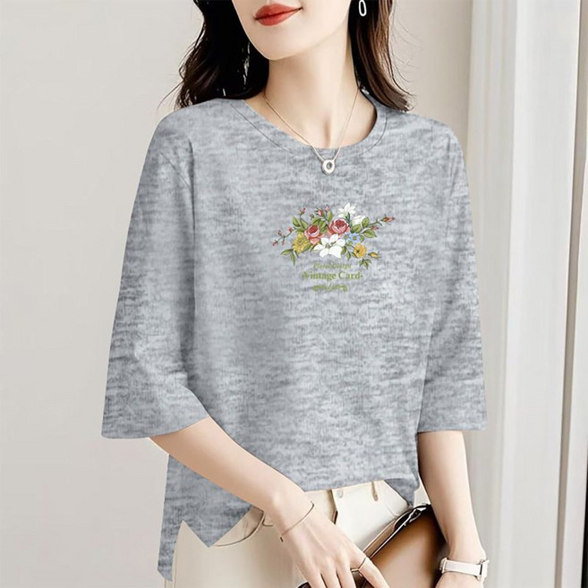 지고다그 여성 7부 소매 라운드넥 티셔츠 루즈핏 플라워 프린트 디자인 심플 스타일 여름 데일리 캐주얼 상의 GJXA0704