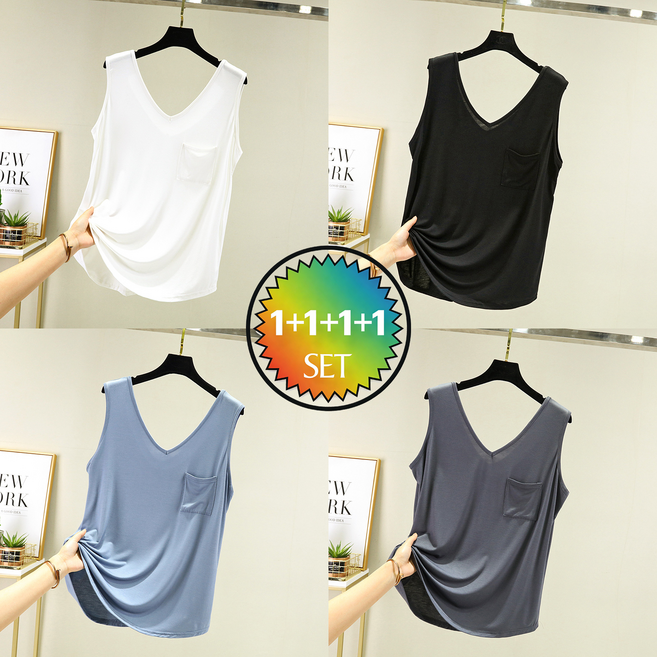 여름 더블 V넥 포켓 디자인 베스트 루즈핏 빅사이즈 심플 디자인 무소매 기본 티 순색 상의 민소매 빅사이즈 여성 티셔츠 실내룩 일상 데일리 1+1+1+1 4장입