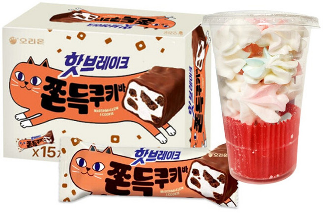 오리온 핫브레이크 쫀득쿠키바 38g x 15개입 + 스위스 머랭쿠키컵 30g 1개 맛랜덤, 1박스