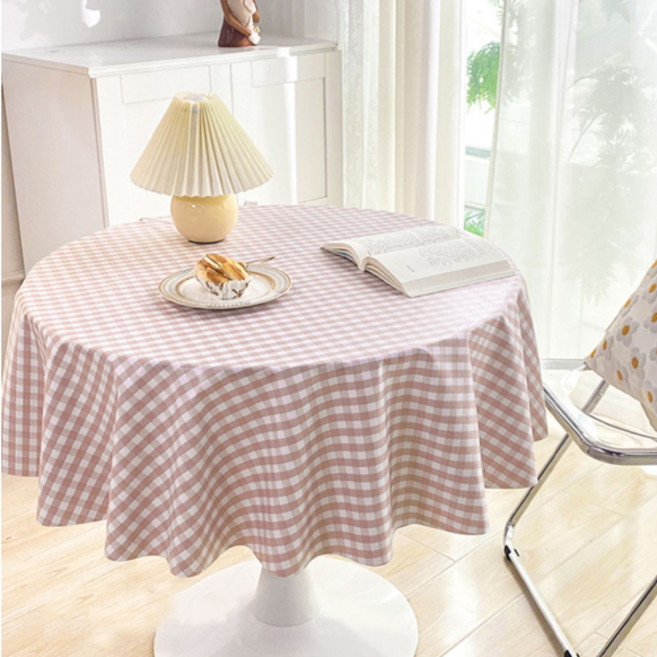 레트로 깅엄 체크 원형 방수 식탁보, 베이비핑크, S(120cm)