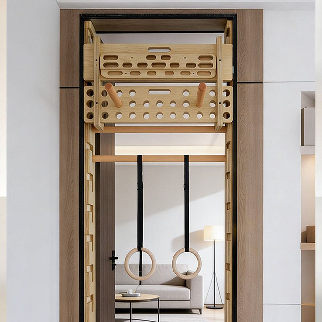 제이베니-2416 문틀 설치형 원목 실내 클라이밍 놀이기구 철봉 몽키바 체조링 대근육 운동세트 링그네, 2. 업그레이드