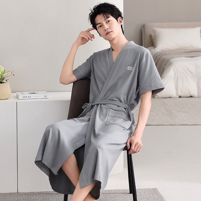 夏季純棉短袖睡袍 男士情侶浴袍 吸水薄款長款浴衣家居服, Z25662鋅灰男,XL, 1個