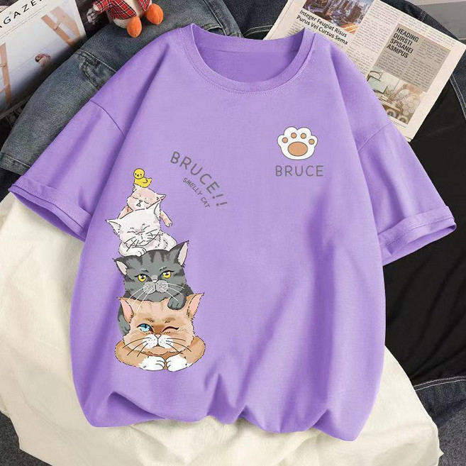 100%純棉 大碼寬鬆短袖T恤女 夏季新款學生顯瘦可愛貓咪印花上衣