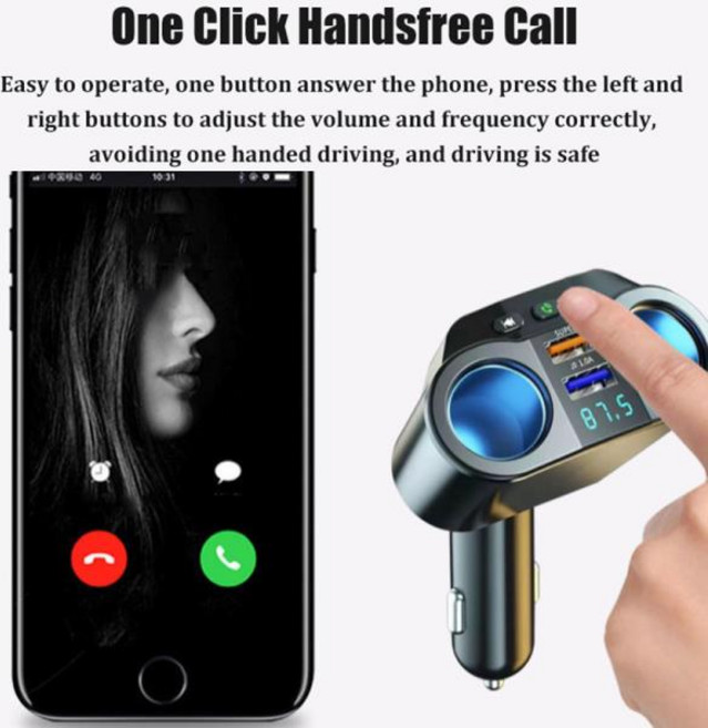 호환 차량용 블루투스 듀얼 시거잭 소켓 분배기 핸즈프리 FM 송신기 USB 고속 충전기 MP3 플레이어 120W, 01 Black