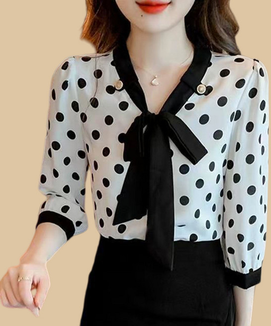 로르카 여성 도트프린트 브이넥 리본타이 루즈핏 여리핏 칠부소매 쉬폰 셔츠 V01032617