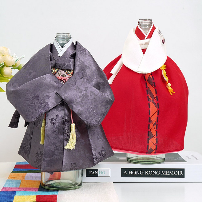 인테리어 오브제 와인커버 남녀 한복 미니어처 1+1, 선비+스티치, 선비(회색)+스티치(미색)