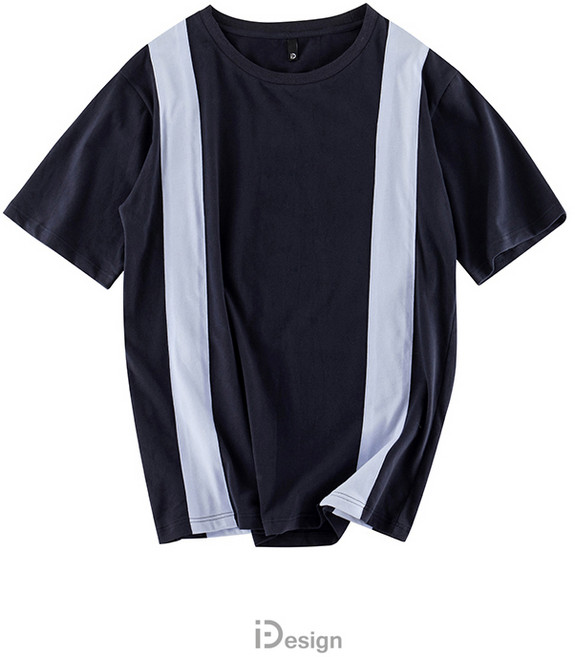 캐치드 오리지널 디자인 여름 드레스 개성 국가 패션 레저 느슨한 진한 파란색 접합 수직 줄무늬 짧은 소매 티셔츠