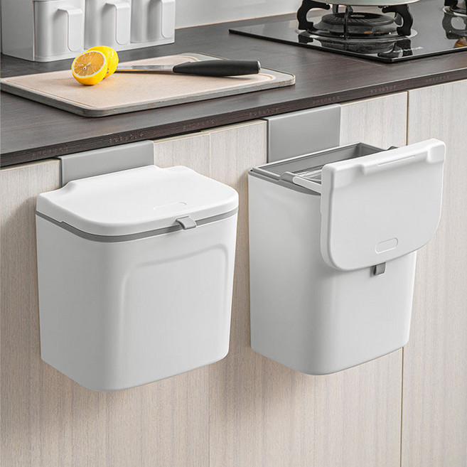 주방 싱크대 걸이형 슬라이딩 음식물 휴지통 화장실 벽걸이 쓰레기통 화이트 9L N833, 단품