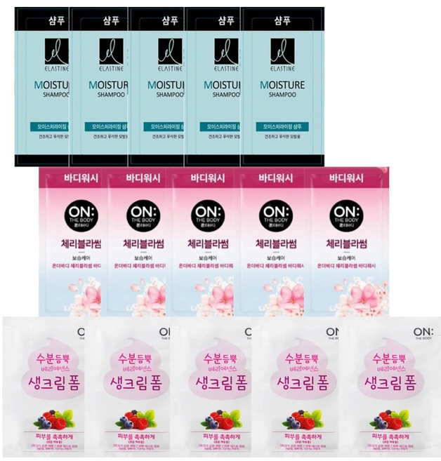 일회용 샴푸 바디워시 엘라스틴 샴푸 8mlx50개 온더바디 바디워시 8ml 50개 생크림폼 3ml 50개 여행용 세면도구, 150개, 8ml - 쿠팡