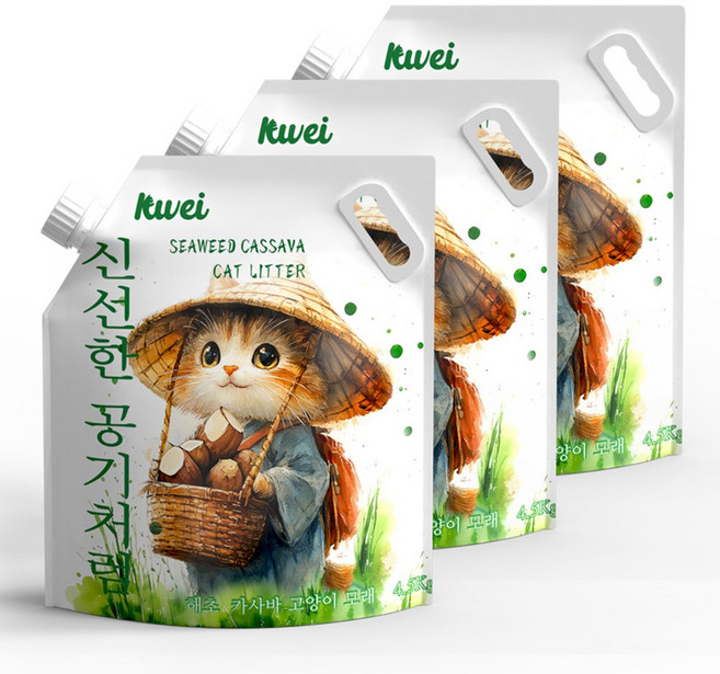 클레이 탈취강화 해조류 먼지없는 카사바 고양이 모래, 무향, 3개, 4.5kg