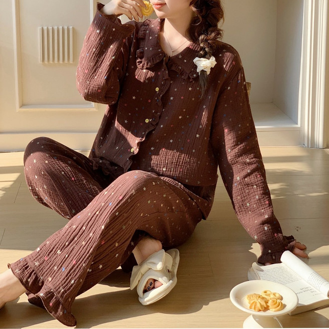 아르앤유 여성 순면 더블거즈 프릴 카라 긴팔 긴바지 홈웨어 파자마 상하세트