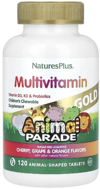 NaturesPlus 애니멀 퍼레이드 골드 어린이용 츄어블 서플리먼트 체리맛 120정 - 성장기 종합 영양 지원 1개 (원산지 미국) - 쿠팡