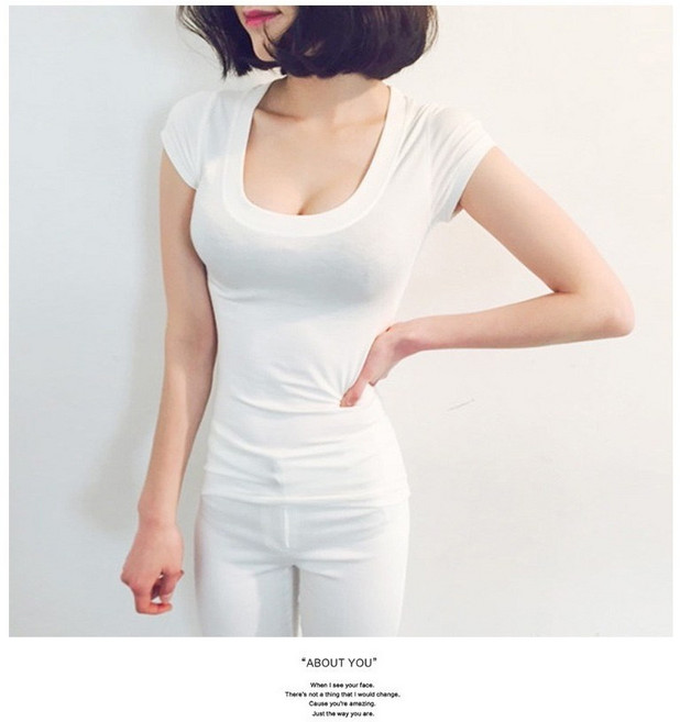 엘에프제트 여성 스퀘어넥 슬림골지 스판 면티 U넥 타이트 이너 반팔티셔츠 16046