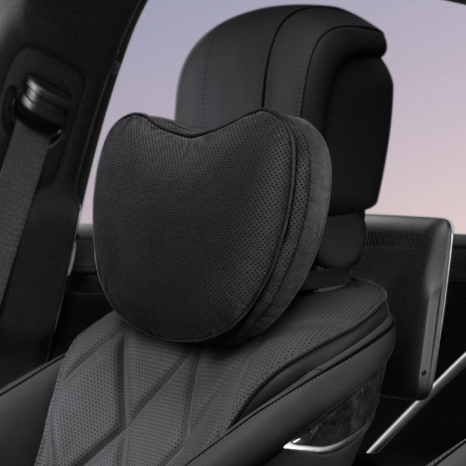 차량용 목쿠션 허리쿠션 프리미엄 스웨이드 누벅 듀얼 레이어 고탄성 메모리폼 숨쉬는 타공 원단 목 보호 쿠션 사계절 공용 통기성 타공 자동차 시트 등받이 쿠션, 1개, [럭셔리 블랙] 목쿠션