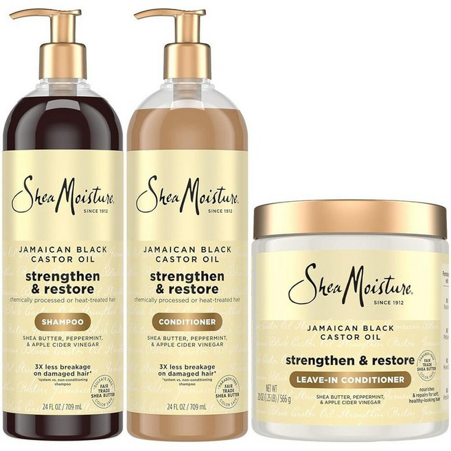 SheaMoisture 자메이카 블랙 캐스터 오일 강화 및 복원 헤어 리페어 샴푸 컨디셔너 + 리브인 컨디셔너 패밀리 사이즈 번들, 48 Ounce (Pack of 3)