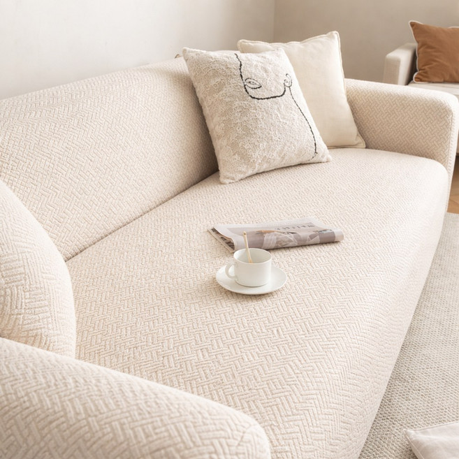 [먼지 없는] 커버무드 헤링본 고탄력 소파커버+자체제작 고정 스펀지, 베이지, 1개