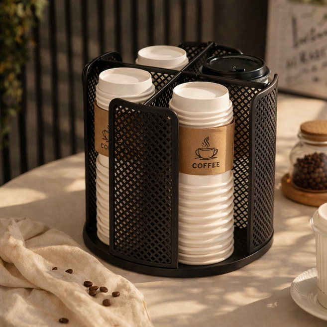 스탠다 회전형 컵 디스펜서 카페 업소용 종이컵 홀더 4칸 대용량 틈새 수납 정리함, 1개, 블랙