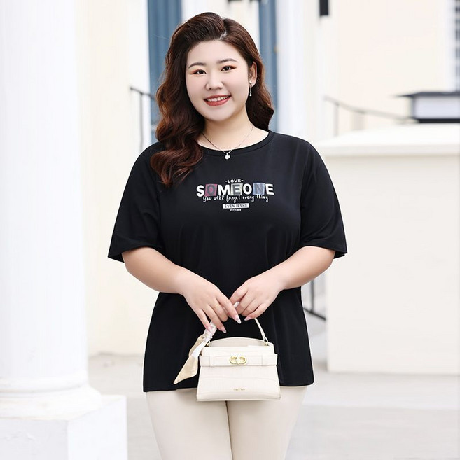 純棉印花氣質彈力寬鬆上衣 中年媽媽裝大尺碼短袖