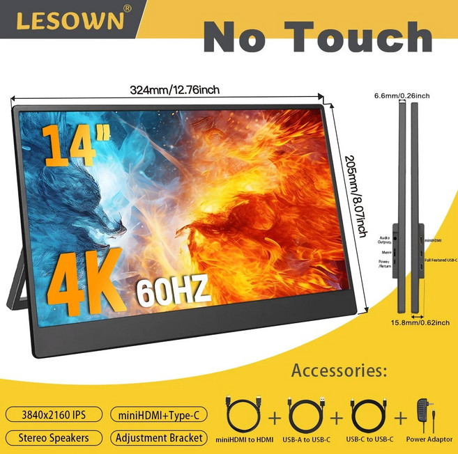 LESOWN 스위치 PC용 5K 14 16 노트북 모니터 화면 디스플레이 보조 4K 타입 미니 휴대용 120HZ 인치 11 게이밍 HDMI, AU 플러그, 14in 4K no touch, 1개, 03 AU 플러그