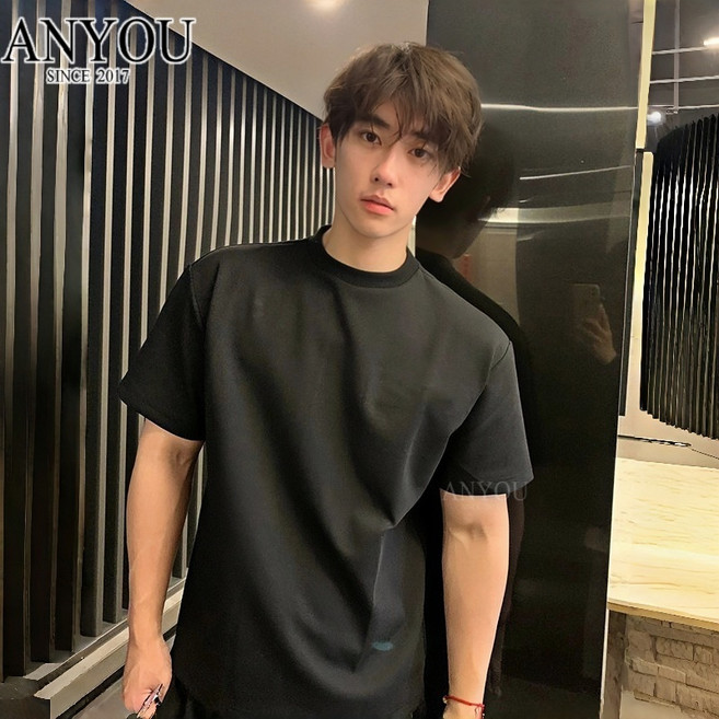 ANYOU 남성 고급감 코튼 블랙 숄더 반팔 안에 여름 레깅스 반팔