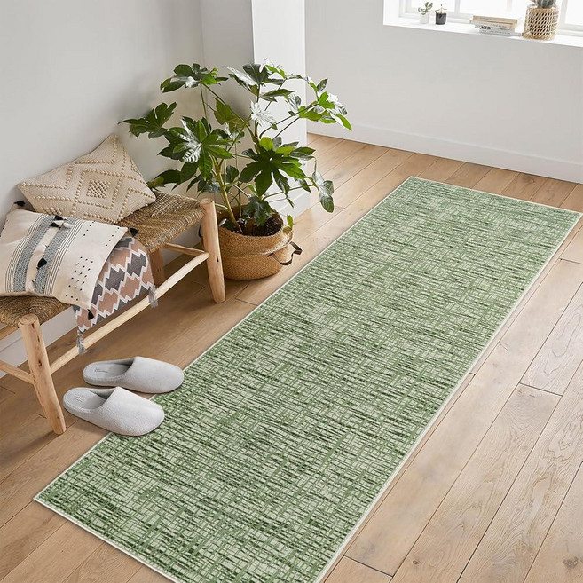 Vossfamul 부분 러그 61 x 1.8cm(2 x 6피트) 러너 러그 거실 러그 모던 스트라이프 스타일 낮은 파일 카펫 침실 입구 사무실 식탁용 그린