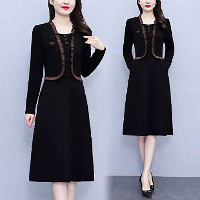 AOKADA 여성 가을 겨울 슬림핏 레이어드 하객룩 오피스룩 A라인 정장 원피스