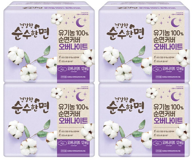 건강한 순수한면 순면 오버나이트 12P 3+1팩, 100mm, 12개입, 3개