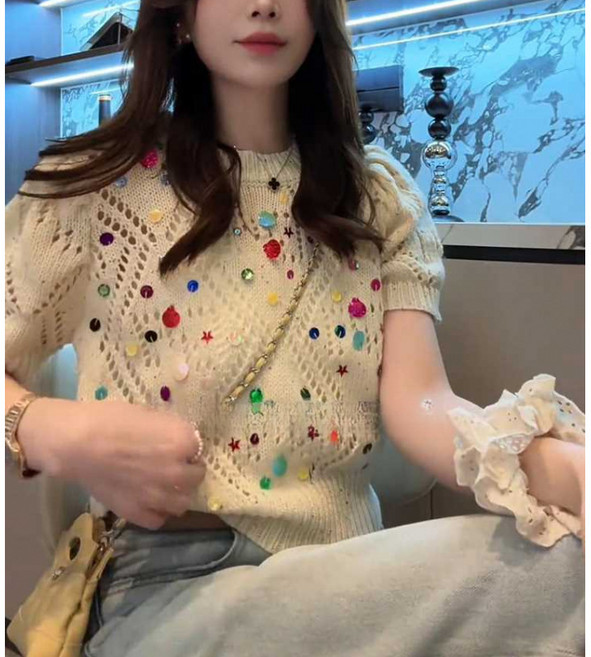Choyur여성 봄여름 레이스 자수 반팔 니트 스웨터 컬러 비즈 장식 디자인wjj
