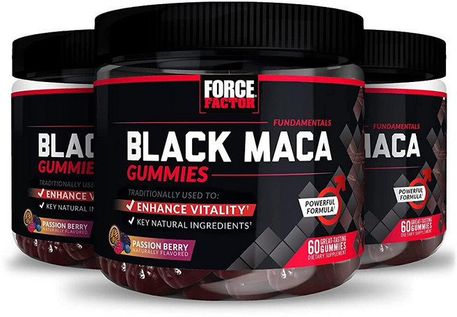 Force Factor 블랙 마카 젤리 3팩 남성의 활력을 향상시키는 블랙 마카 뿌리 에너지와 강도 증가 우수한 흡수를 위한 바이오페린 함유 맛있는 패션 베리 맛 젤