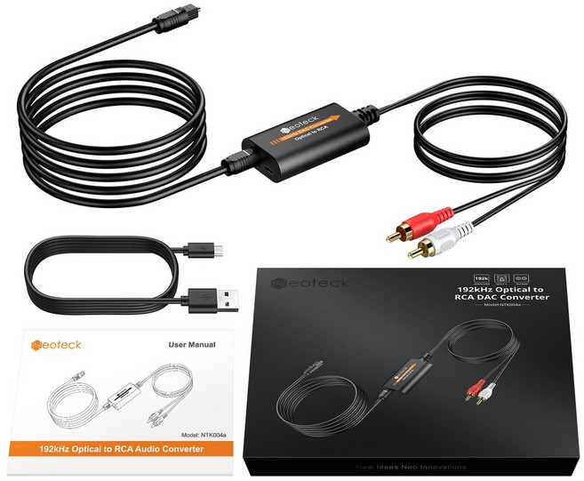 DAC USB Neoteck 디지털 아날로그 오디오 변환기 SPDIF-RCA 광학 토스링크-RCA 어댑터 암수 192kHz, 01 Black