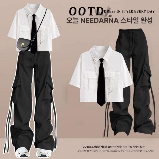 지뢰계 옷 셋업 얀데레 양산형 멘헤라 갸루피스 서브컬쳐 로리타 드레스 코스프레 패션, XL, 흰색 반팔 셔츠검은색 작업 바지