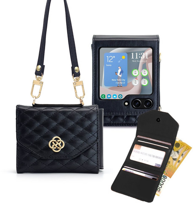 맥스코어 갤럭시 Z플립 케이스 샤르망 퀄팅 스트랩 카드 현금 수납 가죽 지갑