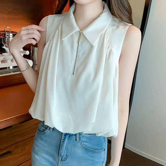 Makone 여성 카라넥 반집업 솔리드 트랜드 코디네이터 심플 민소매 쉬폰 블라우스