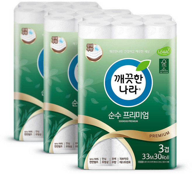 깨끗한나라 3겹 순수 프리미엄 화장지 33mx30롤 3팩, 3개, 3롤