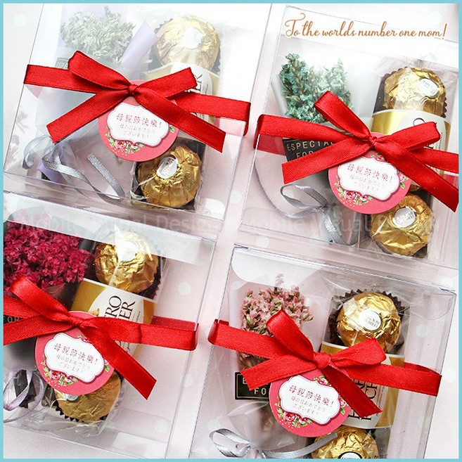 母親節限定 金莎巧克力3顆+迷你乾燥花束 透明盒裝, 風鈴紫(花束)