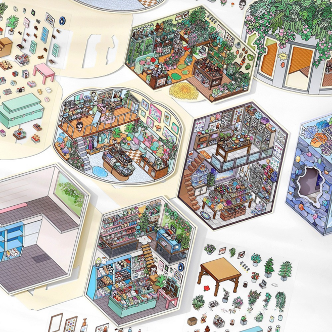 마법의 공방 골목 오늘 영업중 18.0 DIY 3D 감성 꾸미기 스티커 4종세트(핀셋포함), 1세트, 혼합