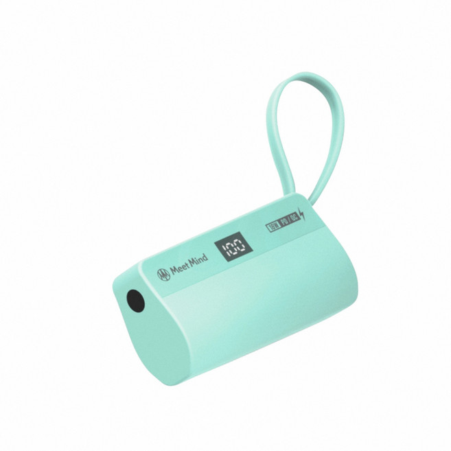 Meet Mind 直插式行動電源 5000mAh 口袋電源 數位顯示 隱藏腳架, L頭+C自帶線/薄荷綠