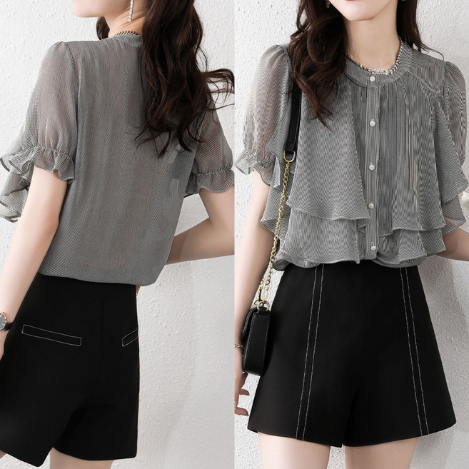 에쥬아 스트라이프 프릴 쉬폰블라우스 여름 데일리 오피스룩 엄마옷 반팔상의