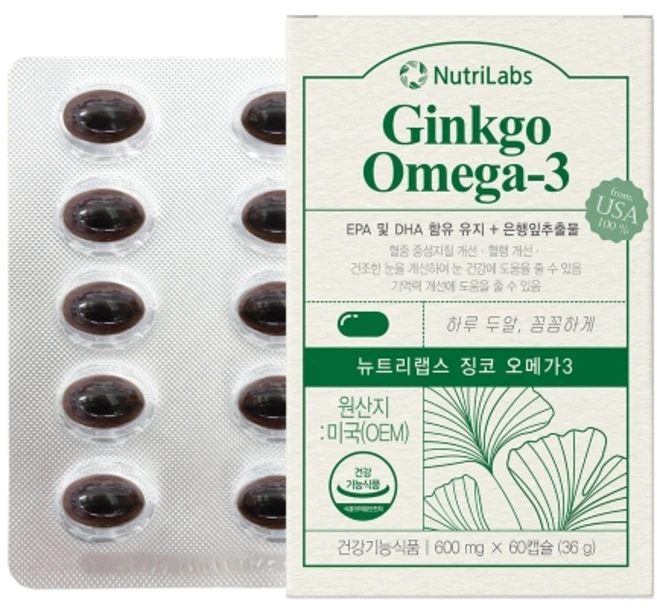 뉴트리랩스 징코 오메가3 골드 600mg, 1개, 60정 - 쿠팡