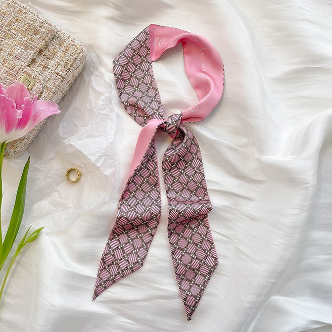 봄여름 핑크 아가일 체크 슬림 양면 이중 새틴 리본 스카프 여자 롱 스틱 랩 헤어밴드