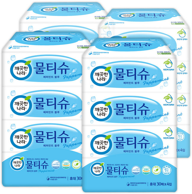 깨끗한나라 여행용 물티슈 30매 4입 4팩, 16개, 95g