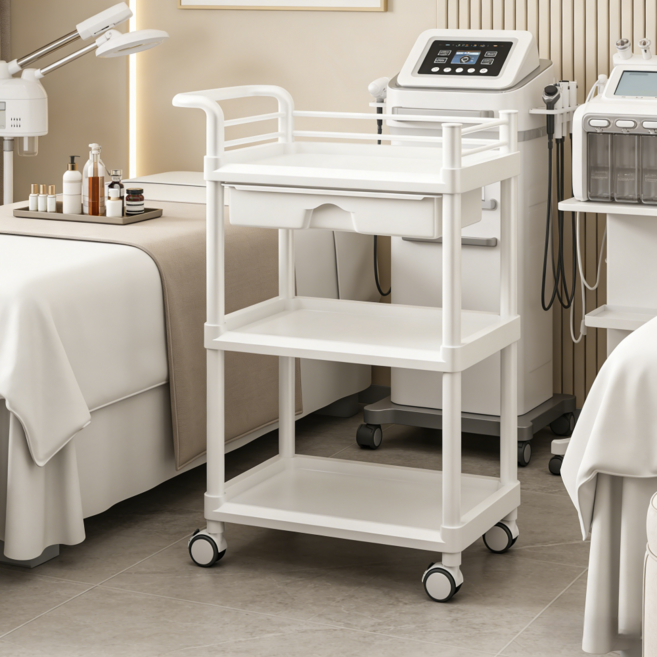 GAPINO 미용실 트롤리 뷰티 웨건 미용카트 트레이 다용도 가정용 이동식 수납카트 서빙카트 ABS, 3단, 화이트